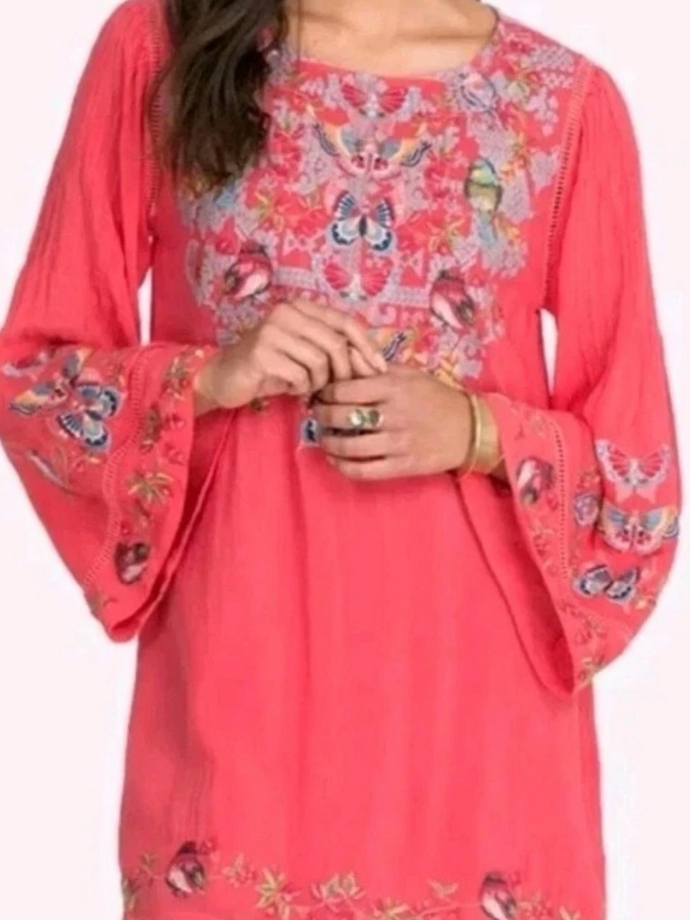 Johnny Was Farfalla Embroidered Coral Tunic Top with Butterfly and Bird  Detail - Picture 3 of 11